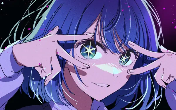 A vibrant HD anime wallpaper featuring Akane Kurokawa from Oshi no Ko, showcasing her playful pose and dazzling green eyes against a colorful background.