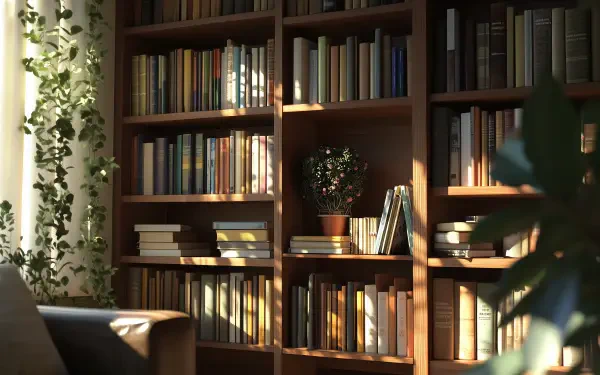 A cozy bookshelf filled with books, illuminated by soft sunlight, features a small plant, creating a warm and inviting atmosphere. This HD desktop wallpaper enhances any workspace.