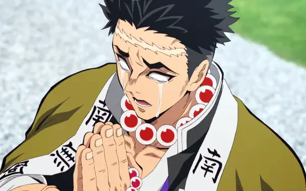 A high-definition desktop wallpaper featuring Gyomei Himejima from Demon Slayer: Kimetsu no Yaiba, showcasing his striking features and distinctive scar.