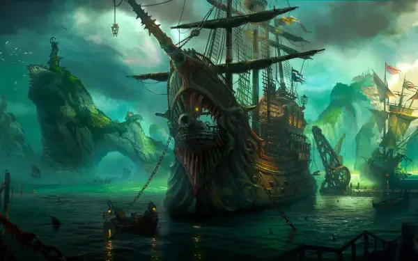 A fantasy pirate ship bearing cannons sails through an adventurous seascape, captured in vibrant detail for a captivating HD PC desktop wallpaper background.