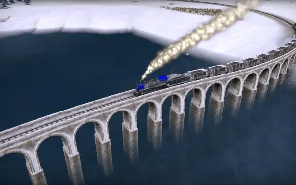 A high-definition wallpaper from the video game Railroad Corporation 2, featuring a train crossing a bridge over water with a snowy landscape in the background.