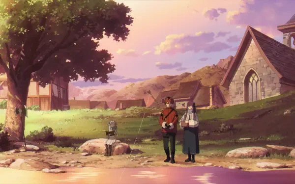 HD PC desktop wallpaper featuring Frieren, Fern, and Stark from Frieren: Beyond Journey's End standing together in a peaceful village setting at sunset.