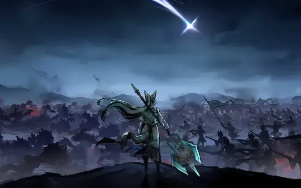 A character from Honkai: Star Rail, Feixiao, wields a spear against a dramatic backdrop, featuring a star streaking across a dark, tumultuous landscape in this 4K Ultra HD wallpaper.