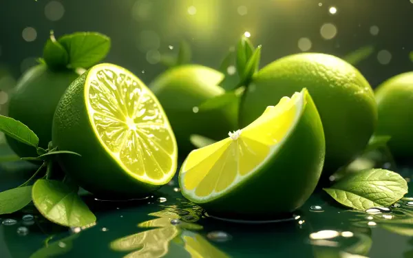 A vibrant display of fresh limes and lime slices, enhanced by a shimmering background, creates an engaging 4K Ultra HD PC desktop wallpaper.