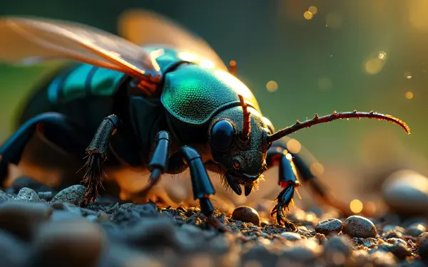 A close-up of a vibrant, iridescent beetle crawling over pebbles, captured in stunning detail, showcasing the natural beauty of macro photography in a 4K Ultra HD wallpaper.