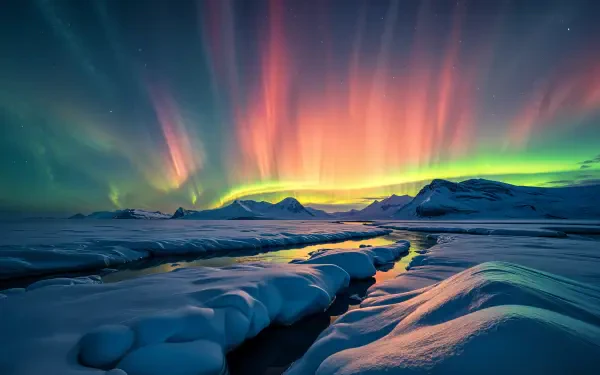 Vibrant auroras dance over an icy Arctic landscape, reflecting on serene waters below, captured in stunning 4K Ultra HD for a breathtaking desktop wallpaper.