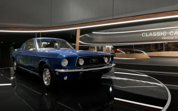 A stunning blue classic car displayed in a sleek showroom, capturing the essence of Test Drive Unlimited Solar Crown. A striking HD desktop wallpaper for any gaming enthusiast.