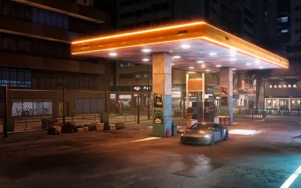 A sleek car is parked at a vibrant gas station in a nighttime urban setting, showcasing scenes from the video game Test Drive Unlimited Solar Crown. An HD desktop wallpaper.
