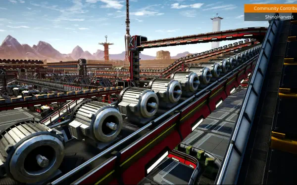 A vibrant HD wallpaper showcasing a complex factory setup in the video game Satisfactory, featuring intricate conveyor systems and a mountainous backdrop under a clear sky.