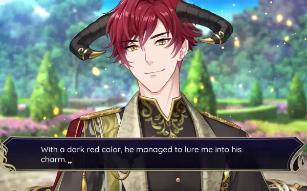 A character from the video game Celestia: Chain of Fate smiles confidently, showcasing his dark red hair and unique horns against a vibrant, enchanting background.