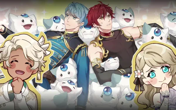 HD wallpaper from the video game Celestia: Chain of Fate, featuring characters amidst adorable creatures, showcasing vibrant colors and engaging expressions.