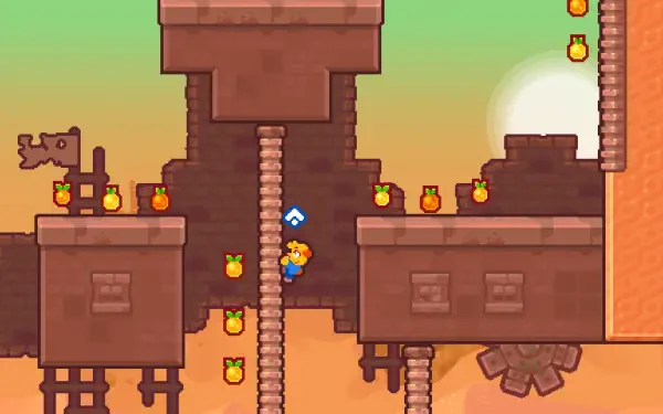 A colorful HD wallpaper from the game Grapple Dogs: Cosmic Canines, featuring a character climbing a rope between structures, surrounded by collectible items against a vibrant backdrop.