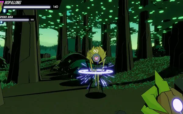 HD wallpaper from the video game Wild Bastards, featuring a vibrant, stylized forest scene with dynamic lighting and colorful character design.