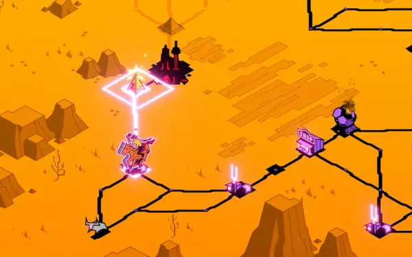 A vibrant HD wallpaper from the video game Wild Bastards, showcasing a dynamic landscape with glowing paths and structures against an orange backdrop.