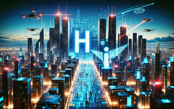 A futuristic cityscape in 4K Ultra HD, featuring towering skyscrapers, glowing neon lights, and drones flying across a vibrant skyline. The scene conveys a sense of advanced technology and innovation.