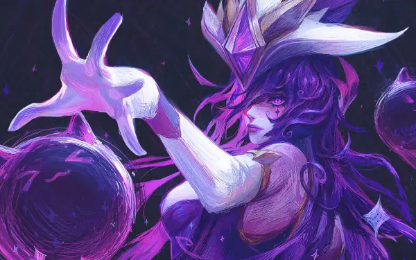 Vibrant 4K Ultra HD wallpaper featuring Syndra from League of Legends, showcasing her powerful presence and dynamic pose against a dark, enchanting background.