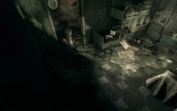 A dark and atmospheric scene from the video game Hollowbody, featuring a cluttered room with eerie lighting and scattered debris, designed as an HD PC desktop wallpaper.