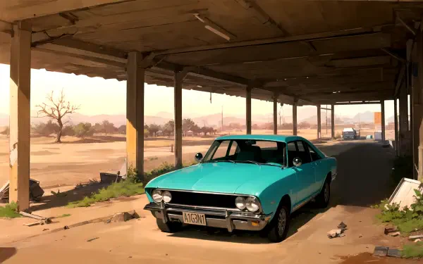  generic teal car in an old abandoned town