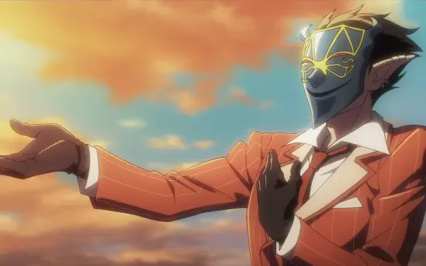 Demiurge from Overlord: The Sacred Kingdom stands confidently against a vibrant sunset, dressed in a stylish suit, showcasing his enigmatic presence in this HD desktop wallpaper.