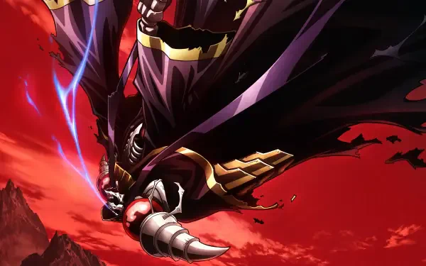 Ainz Ooal Gown from Overlord: The Sacred Kingdom stands dramatically against a fiery red background, showcasing a powerful pose with glowing blue accents in this HD anime wallpaper.