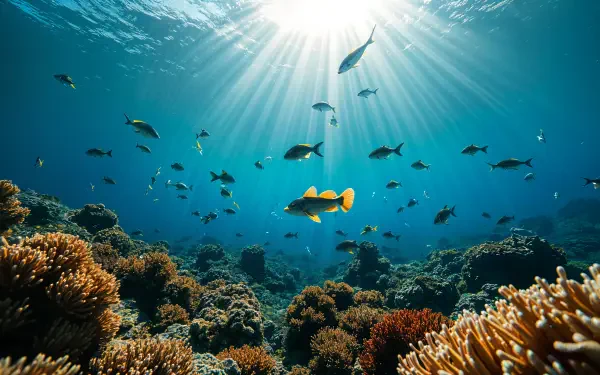 A vibrant underwater scene featuring colorful fish swimming among coral, illuminated by sunlight streaming through the ocean's surface. A stunning 4K Ultra HD wallpaper.