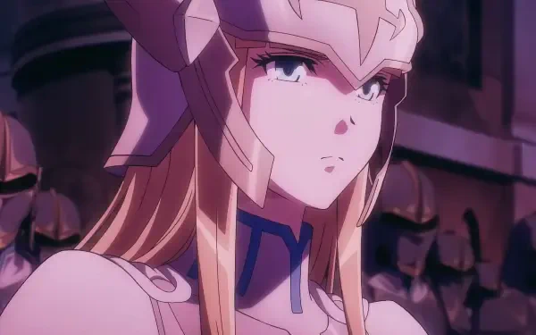 An HD PC desktop wallpaper featuring a character from Overlord: The Sacred Kingdom, showcasing a warrior with long blonde hair and a detailed silver helmet, set against a backdrop of soldiers.