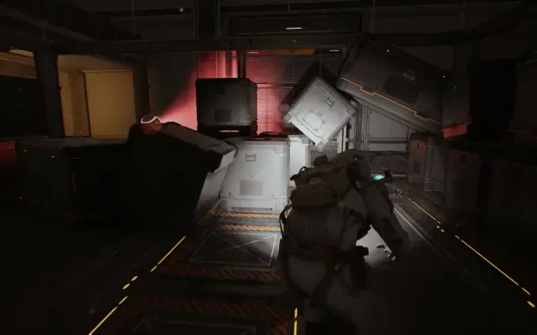 A high-definition PC desktop wallpaper featuring a scene from the video game EVOTINCTION, showcasing a character navigating a dark, futuristic environment with scattered debris.