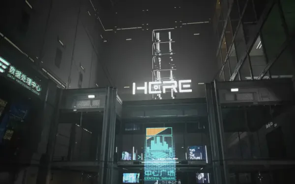 A high-definition PC desktop wallpaper featuring a futuristic urban environment from the video game EVOTINCTION, showcasing a prominent HERE sign amidst sleek architecture and digital displays.