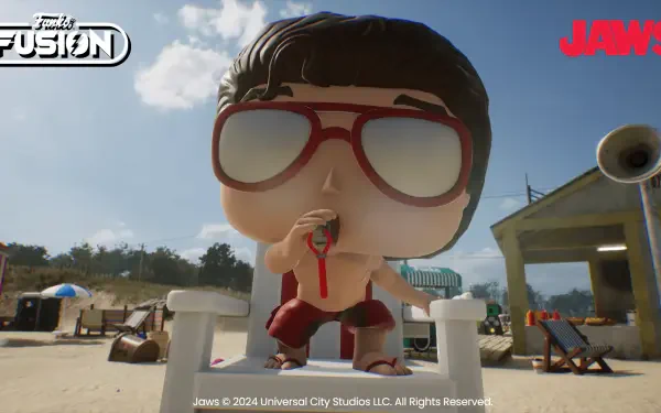 HD PC desktop wallpaper featuring a Funko Fusion video game character modeled after a lifeguard from Jaws, wearing red sunglasses and a whistle on a beach setting.