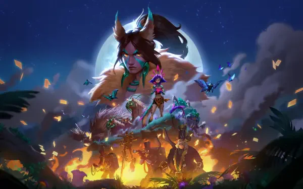A vibrant 8K Ultra HD wallpaper featuring Neeko from League of Legends, set in a mystical landscape with colorful creatures against a backdrop of glowing flames and a full moon.