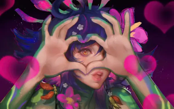 A vibrant 4K Ultra HD wallpaper featuring Neeko from Legends of Runeterra, expressing love amidst flowers and colorful hearts, highlighting her enchanting and playful spirit.