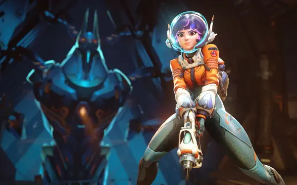 A 4K Ultra HD wallpaper featuring Juno from Overwatch 2, poised with a weapon in front of a futuristic robotic backdrop, showcasing vibrant colors and dynamic design.