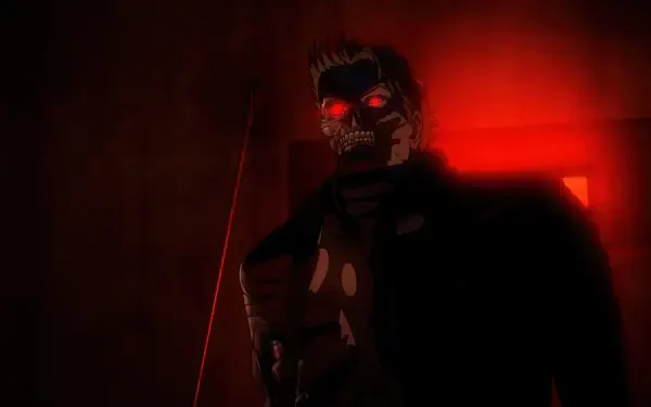A dark, atmospheric scene features a character from Terminator Zero, showcasing a menacing figure with glowing red eyes against a red background. 4K Ultra HD quality enhances the dramatic effect.