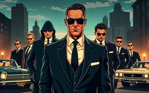 An intense mafia-themed 4K Ultra HD wallpaper featuring a group of sharply dressed individuals in suits, standing confidently against a cityscape backdrop with vintage cars.
