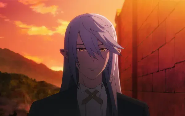 A serene scene from The Unwanted Undead Adventurer, featuring a character with long, silver hair against a vibrant sunset backdrop. Ideal HD wallpaper for anime enthusiasts.