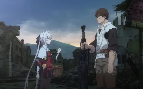 HD anime desktop wallpaper featuring Noor and Lynne from I Parry Everything, set against a ruined village backdrop at dusk.