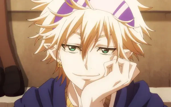 Anime-inspired HD desktop wallpaper featuring a character from The Ossan Newbie Adventurer, showcasing a confident expression with tousled blonde hair and green eyes.