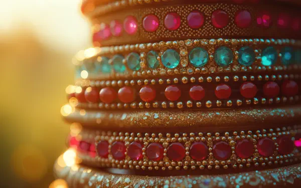 A close-up of a vibrant stack of decorative bracelets featuring colorful gems, set against a warm, blurred background, suitable as a 4K Ultra HD desktop wallpaper.