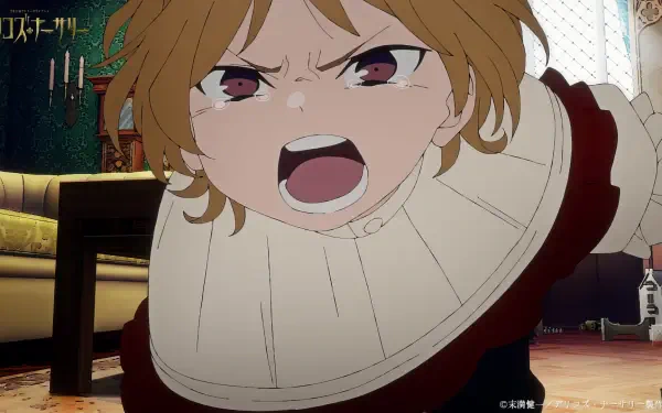 An intense scene from the anime Delico's Nursery, featuring a character with blonde hair and striking eyes, expressing strong emotions in a detailed, vibrant setting. HD desktop wallpaper.