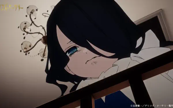 A stylized anime image from Delico's Nursery, featuring a character with long dark hair and expressive blue eyes, looking down from a railing in a softly lit room. HD wallpaper quality.