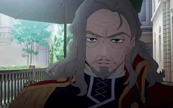 A detailed anime character from Delico's Nursery, portrayed with a stern expression, stands amidst a serene background, making an engaging HD desktop wallpaper.