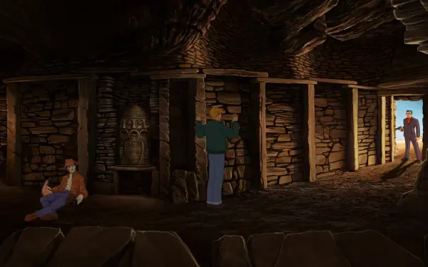 A captivating HD desktop wallpaper from the video game Broken Sword - Shadow of the Templars: Reforged, featuring a mysterious stone interior and intriguing characters in a shadowy setting.