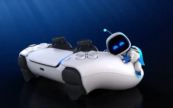 A vibrant 4K Ultra HD wallpaper featuring a playful character from Astro Bot Rescue Mission perched on a PlayStation 5 controller against a sleek blue background.