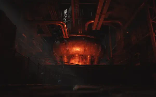 A moody, industrial setting with glowing orange machinery, part of the video game The Casting of Frank Stone, featuring HD quality as a striking PC desktop wallpaper.