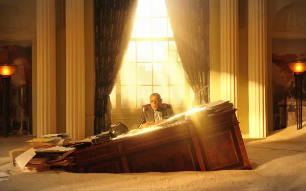 A dramatic scene from the movie *Megalopolis* (2024) featuring Giancarlo Esposito sitting at a desk, illuminated by sunlight streaming through large windows.