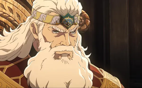 Anime-inspired image from The Lord of the Rings: The War of the Rohirrim, featuring a stern character with a majestic beard and crown, designed as a high-definition desktop wallpaper.