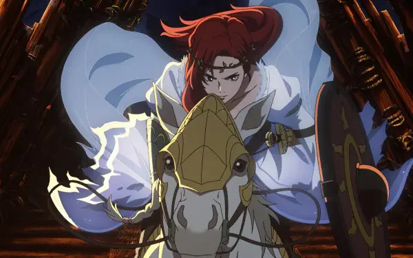 This HD wallpaper features an anime-inspired character from The Lord of the Rings: The War of the Rohirrim, riding a white horse with a determined expression.