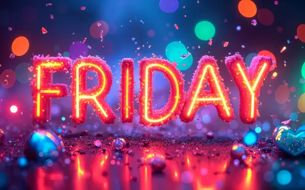 Colorful 4K Ultra HD desktop wallpaper featuring the word FRIDAY illuminated in bright neon lights, surrounded by vibrant bokeh and sparkling elements.