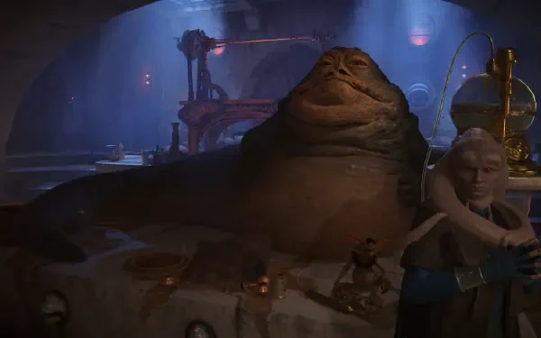 4K Ultra HD PC desktop wallpaper: Jabba the Hutt in Star Wars Outlaws, reclining among alien patrons in a dim sci‑fi setting — video game Star Wars background.