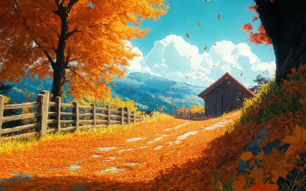 A vibrant autumn landscape featuring brilliant orange leaves, a winding path, and a rustic cabin with mountains in the background. Captured in stunning 4K Ultra HD for desktop wallpaper.